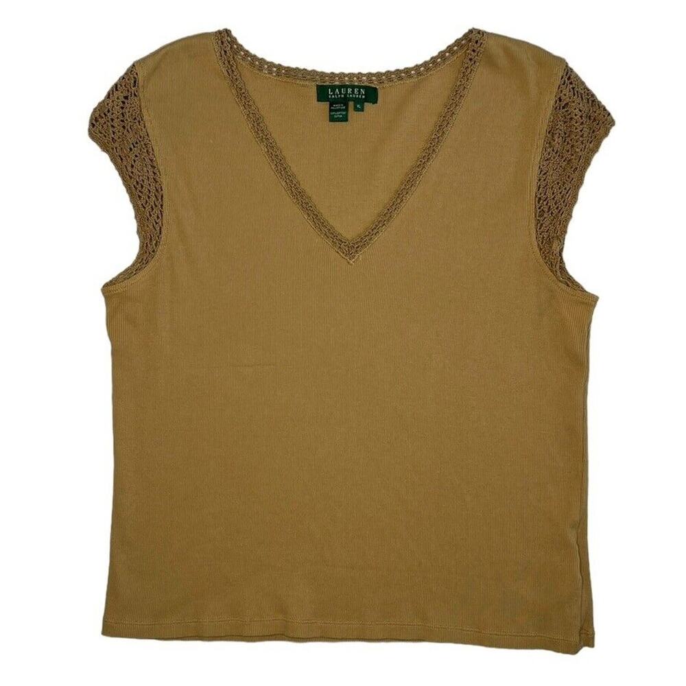 Ralph Lauren LRL Brown Tan Crochet Cap Sleeveless Ruffle Top Shirt V Neck Tank